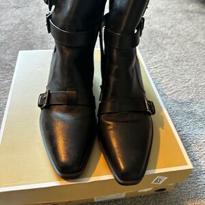 Michael Kors Black Leather Ankle Boots with Buckle Detail